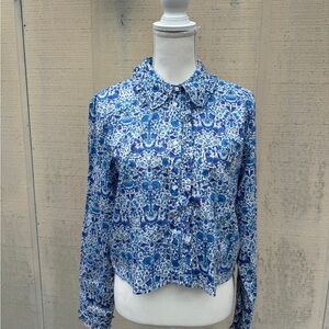J. Crew Liberty Blue Floral Crop Ruffle Collar Blouse